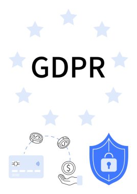 Yıldızlarla çevrili GDPR metni, güvenli kredi kartı, el yapımı para ve kilit simgeli kalkan. Veri koruması, gizlilik yasası, rıza, güvenlik finans güvenliği için ideal. Çizgi