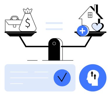 Para çantası, çanta, ev, kalp kontrol listesi ve başı okla dengeleyen teraziler. Finans, iş hayatı dengesi, ev yönetimi, hedef belirleme, karar verme yaşam tarzı koçluğu için ideal