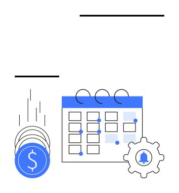 İşaretli tarihleri ve alarm simgesini gösteren ayarları olan bir takvimin yanına bozuk paralar düşüyor. Finansal planlama, programlama, anımsatıcılar, alarmlar, bütçe, organizasyon, zaman yönetimi için ideal