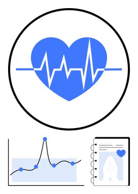 Kalp atışı çizgisi olan kalp sembolü veri noktalarıyla birlikte, klasörü rapor et. Sağlık, teknoloji, kardiyoloji, veri analizi, tıbbi araştırma, kalp sağlığı farkındalığı için idealdir. Satır metaforu