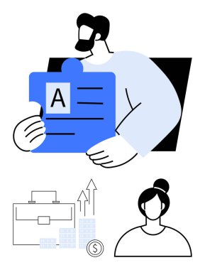 Adamın elinde A çantalı mavi bir yapboz parçası ve kadın profilli oklar var. İş büyümesi, takım rolleri, işbirliği, profesyonel kalkınma, kariyer planlaması, liderlik için ideal