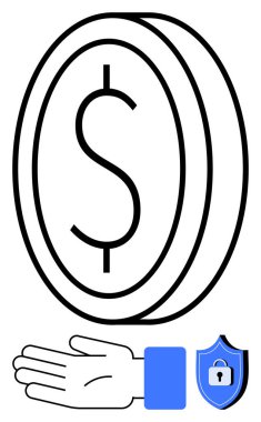 Bir dolar almak için el uzatılmış para, mali işlemleri sembolize eder, mavi bir kalkan da güvenliği gösterir. Finans, bankacılık, yatırım, güvenlik, koruma, güven ve güvenilirlik için ideal