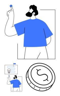 Mavi düğmeye basan adam, ampul fikri, büyük para. İş, finans, yenilik, strateji, eğitim motivasyon girişimciliği için idealdir. Satır metaforu