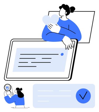 Dijital ekranın üzerinde bir kalp tutan kişi büyüteç kullanan bir figür ve işaretli bir element. Sağlık, sağlık, teknoloji, onay, aşk bakımı ve doğrulama için idealdir. Çizgi