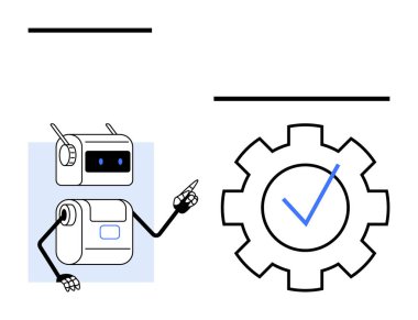 İçinde kontrol işareti olan dişlilere anten uçlu robot. Teknoloji, otomasyon, onay, verimlilik, robot bilimi, endüstri, yapay zeka kavramları için ideal. Satır metaforu