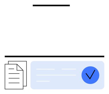Çizgi detayları işaretli mavi bir kutunun yanına istiflenmiş kağıtlar. Belge onayı, idari görevler, tamamlanma, uyum, büro işi, ofis yönetimi, onaylama için ideal. Çizgi