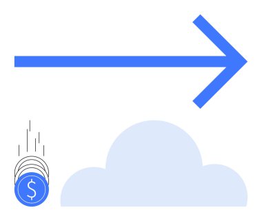 Büyük mavi ok sağ tarafı gösteriyor, dolar işaretli mavi paralar açık mavi bulutun yanına düşüyor. Ticari büyüme, ilerleme, mali başarı, bulut hesaplama, tasarruf, yatırım, yön için ideal