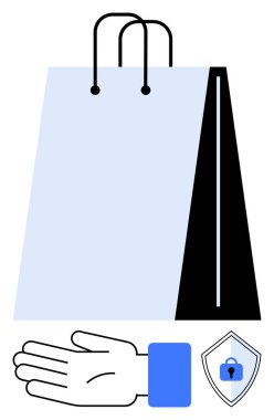 Alışveriş çantası, el desteği ve asma kilitli güvenlik kalkanı. E-ticaret, çevrimiçi alışveriş, müşteri desteği, siber güvenlik, perakende güvenliği, dijital işlemler güvenli ödemeler için ideal