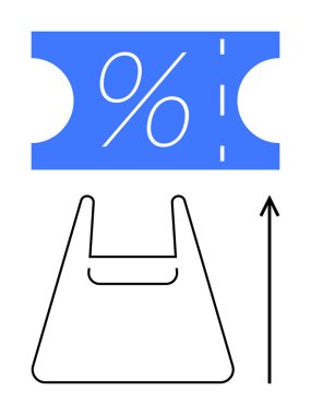 Alış veriş torbası indirimi kuponu ve yukarı ok işareti. Satış, perakende satış, alışveriş eğilimleri, tüketim, ekonomik büyüme, promosyonlar, bütçe. Satır metaforu