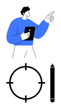 İşadamı tableti tutuyor ve yukarı doğru işaret ediyor. Aşağıda bir hedef ve kalem var. İş planlama, hedef belirleme, üretkenlik, strateji geliştirme, odaklanma, liderlik yaratıcılığı için ideal. Çizgi