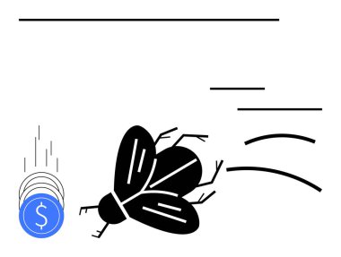 Bozuk paralar sola düşerken sağa uçan böcek hareket çizgileri gösteriyor. Mali istikrarsızlık, tasarruf kaybı, ekonomik kriz, bütçe sorunları, borç, riskli yatırımlar için ideal