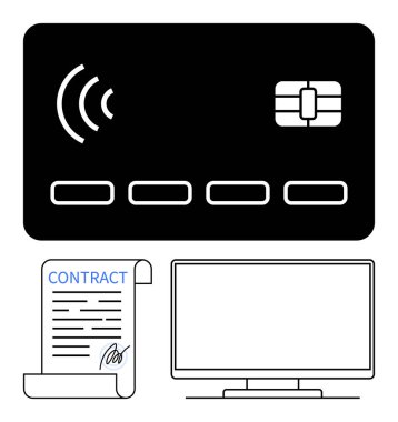Temassız ödeme özelliği olan kredi kartı, imzalı elektronik sözleşme ve bilgisayar monitörü. Çevrimiçi işlemler, e-ticaret, dijital bankacılık, modern iş, güvenli ödemeler için ideal