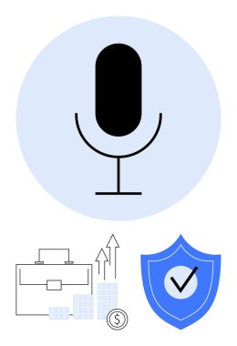 Büyük bir mikrofon ikonu, evrak çantası, bozuk paraların olduğu yukarı doğru oklar ve işaretli mavi kalkan. İş, teknoloji, finans, güvenlik iletişimi büyüme güveni için idealdir. Satır metaforu