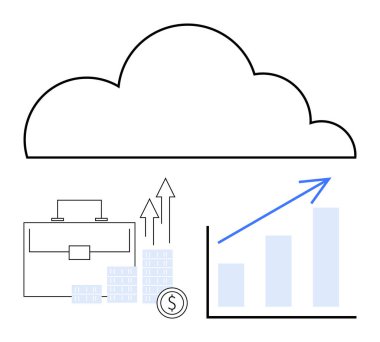 İş çantasının üstünde bulut simgesi, yukarı doğru ok çizelgeleri, yükselen bar grafiği ve bozuk para yığını. İş analizleri, ekonomik büyüme, finans, veri depolama, teknoloji yatırımı için ideal
