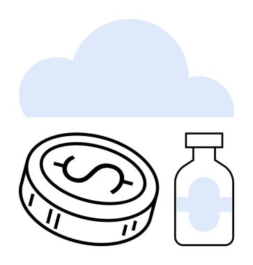 Bulut grafiği, etiketli ilaç şişesi ve dolar işaretli para. Sağlık giderleri, yatırım, dijital depolama, ilaç, bulut teknolojisi veri güvenliği teletıp için idealdir. Çizgi