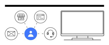 Perakende mağazasına, e- posta, web arayüzü ve kulaklığa bağlı kullanıcı, masaüstü monitörü ile. Müşteri ilişkileri, çok kanallı destek, E-ticaret, iş stratejileri kullanıcı etkileşimi için ideal