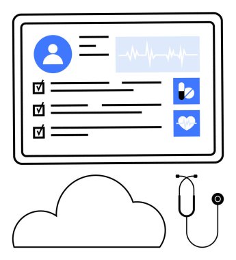 Kontrol listeleri, ECG grafiği, hap ve kalp simgeleriyle birlikte tablet ekranda gösterilen dijital sağlık kayıtları. Steteskop ve bulut depolama ikonu aşağıda. Sağlık hizmetleri, dijital kayıtlar, tıbbi uygulamalar, AİHM için ideal