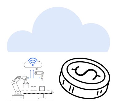 Taşıyıcı bantta otomatik robotik kol, arka planda mavi bulut, finansal büyümeyi gösteren büyük para. Endüstri 4.0 için ideal, otomasyon, dijital dönüşüm, bulut hesaplama, IoT
