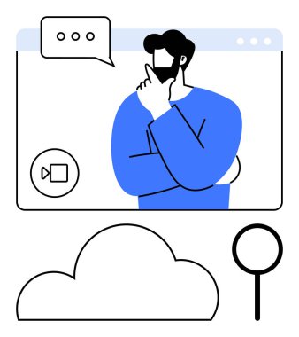 Görüntülü konuşma sırasında düşünen adam, konuşma baloncuğu sohbeti gösteren cam büyütme aramayı sembolize ediyor, bulut depolamayı temsil ediyor. Uzaktan çalışma, beyin fırtınası, online toplantılar ve teknoloji için ideal.