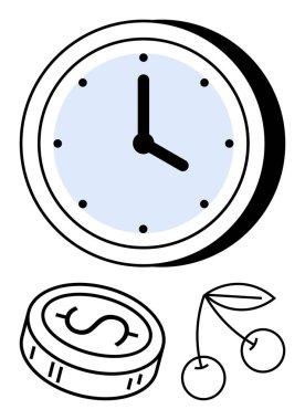 Siyah elli saat, dolar işaretli para, yapraklı kiraz. Zaman yönetimi, mali planlama, üretkenlik, iş hayatı dengesi, zamanlama ve yatırım süreleri için ideal