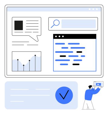 Web geliştiricisi büyük ekranda web içeriğini, arama çubuğunu, sohbet baloncuğunu ve grafiğini değiştirir. Web geliştirme, içerik yönetimi, kullanıcı arayüzü tasarımı, veri görselleştirmesi, teknik destek kodlaması için ideal