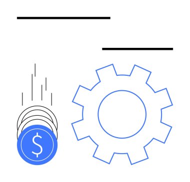 Üzerinde dolar işareti olan mavi paralar büyük mavi bir dişlinin yanına düşüyor. Finans, iş büyümesi, endüstriyel kalkınma, ekonomik ilerleme, yatırım stratejileri, makineler ve otomasyon için idealdir. Çizgi