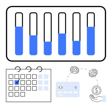 Beş çubuklu bar çizelgesi, işaretli tarihli takvim, döviz döviz simgeleri ve kredi kartı. Finans, iş planlaması, yatırım takibi, mali yönetim, hesap planlaması için ideal