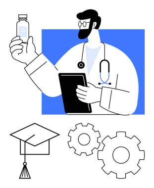 Doktor ilaç şişesi tutuyor, tablet kullanıyor. Mezuniyet şapkası eğitimi simgeler, dişliler yenilik ve ilerlemeyi simgeler. Sağlık, eğitim, teknoloji ve mesleki gelişim için ideal