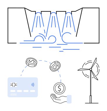 Hydropower dam generating electricity with flowing water, financial transaction via card and hand receiving money, wind turbine generating power. Ideal for renewable energy, financial, eco-friendly clipart