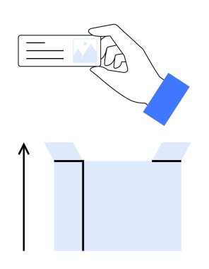 Mavi detay ve yukarı doğru ok içeren açık bir kutunun üzerinde duran bir kartviziti tutuyor. İş, organizasyon, ambalaj, dağıtım, kimlik, ağ kurmak için ideal. Satır metaforu