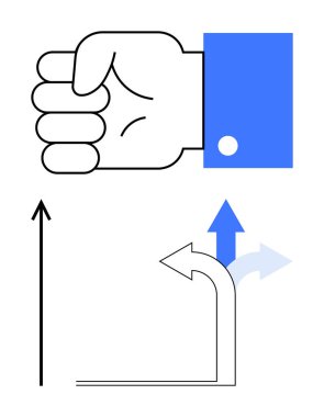 Mavi kollu el iki yönlü okun üzerinde, yukarı doğru siyah ok, sağa doğru mavi ok kıvrılır. Karar verme, değişim, ilerleme, strateji, liderlik, seçim temaları için ideal