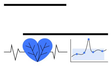 Kalp şekli EKG ile iç içe geçmiş mavi grafik ve veri noktaları. Sağlık, sağlık, veri analizi, duygular, kardiyoloji, teknoloji ve araştırma için ideal. Satır metaforu