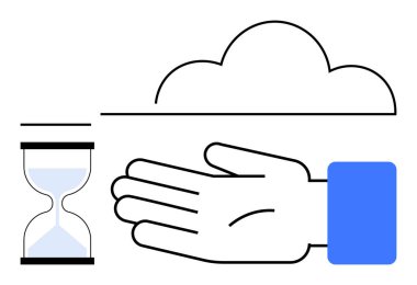 Kum saati, uzanmış el, bulut. Sabır, zaman, umut, belirsizlik hayalleri fırsat kuyruğu metaforu