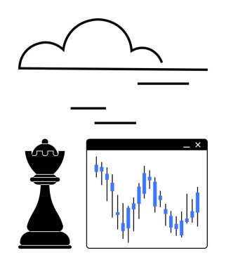 Satranç kralı parçası, bulutlu gökyüzü ve şamdanlı borsa analiz penceresi. Finans, strateji, veri analizi, karar verme, yatırım, mali planlama ve teknoloji için ideal