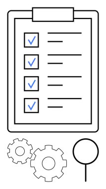 İçinde dört öğe ve kontrol işaretleri, iki vites ve büyüteç bulunan pano. Proje yönetimi, süreç optimizasyonu, görev tamamlama, iş akışı, kalite kontrolü için ideal