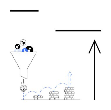 Seyirciyi madeni paralarla sembolize ederek gelirlerine filtreleyen huni. Bozuk para yığını artar, mavi kesik ok büyümeyi betimler. Pazarlama, satış, dönüşüm, ROI, iş stratejisi finans verileri için ideal