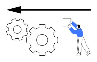 İlerleme ve yönü gösteren geniş bir okun altında vitesi başka bir vitese doğru iten kişi. Takım çalışması, problem çözme, motivasyon, mühendislik, proje yönetimi, yenilik, büyüme için ideal