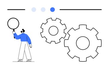 Elinde büyüteç tutan kişi büyük vitesleri inceliyor, problem çözme ve verimliliği temsil ediyor. İş, takım çalışması, işlemler, teknoloji, teknik destek, süreç optimizasyonu için ideal