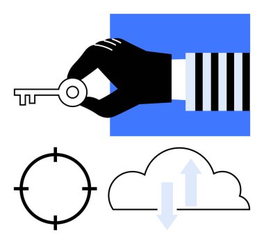El ele tutuşan anahtar, hedef çember ve yüklenen oklar. Güvenlik, erişim, bulut depolama, veri koruması, teknoloji siber güvenlik yazılımı geliştirme için ideal. Satır metaforu