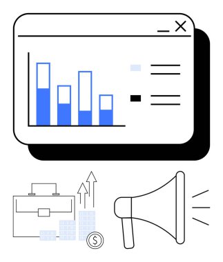 Bar çizelgesi ve efsanesi olan iş raporu, büyüyen oklarla dolu evrak çantası, bozuk para yığınları ve megafon sembolü. Finans, pazarlama, iş stratejisi, satış istatistik yatırımları için ideal. Çizgi