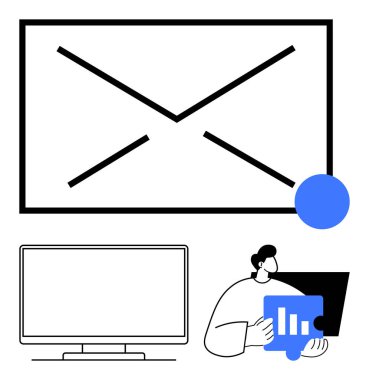 Profesyonel iş adamı tableti bar grafiği, büyük zarf sembolü ve bilgisayar monitörü ile tutuyor. Dijital iletişim, veri analizi, e-posta pazarlama, çevrimiçi iş, üretkenlik araçları, teknoloji için ideal