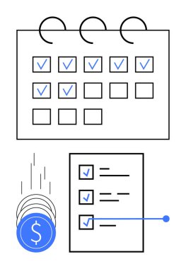 İşaretli kutular takvimi, çeşitli işaretli eşyalar içeren görev listesi ve finansal görevleri vurgulayan dolar paraları. Üretkenlik araçları, mali planlama, zamanlama, görev yönetimi için ideal