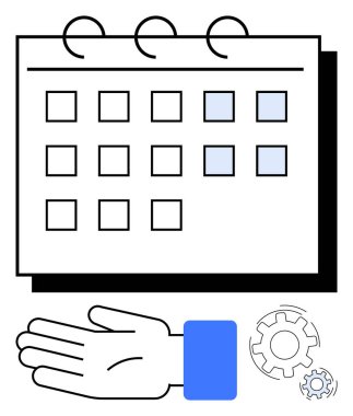 Şebeke planlı takvim, mavi kollu el ve birbirine kenetlenmiş iki vites. Program, zaman yönetimi, planlama, verimlilik, iş akışı koordinasyon verimliliği için ideal. Satır metaforu
