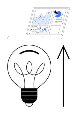 Veri tabloları ve grafiklerini gösteren dizüstü bilgisayar, fikirleri temsil eden ampul ve ilerlemeyi gösteren yukarı doğru ok. Ticari büyüme, yenilik, veri analizi, girişimler, teknoloji ve motivasyon için ideal