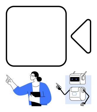 İnsan ve robot figürlü büyük bir video kamera ikonu. Sanal toplantılar için ideal, yapay zeka, teknoloji, iletişim, çevrimiçi eğitim, dijital işbirliği, yenilik temaları. Satır metaforu