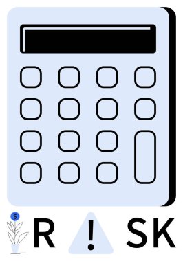 Calculator with large buttons, word risk formed with plant, exclamation mark, R, and SK. Ideal for financial analysis, investment, business strategy, decision making resource allocation planning clipart