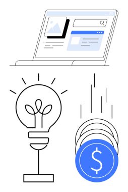 Bir web sitesi gösteren dizüstü bilgisayar, v08page, yenilikçi fikirleri sembolize eden ampul, finansal başarıyı temsil eden düşen madeni paralar. Ticari planlama, girişimler, yenilik, finans ve teknoloji için ideal