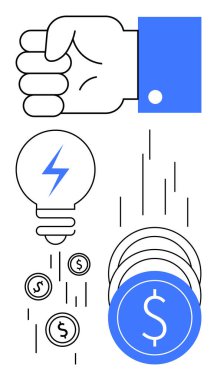 Kaldırılmış el, ampulü elektrik sembolüyle yakmak, bozuk paraların düşmesi ve paranın ortaya çıkması. Yaratıcılık, finans, üretkenlik, iş stratejisi, yenilik, ekonomik büyüme bütçesi için ideal