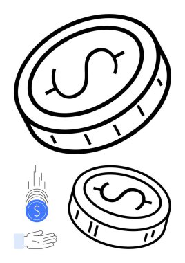 Açık bir ele doğru hareket eden dolar işaretli iki bozuk para. Finans, tasarruf, yatırım, ekonomi, bankacılık işlemlerinde finansal büyüme için idealdir. Çizgi benzetmesi. Çizgi benzetmesi. Basit satır simgeleri