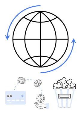 Dünya oklarla, kredi kartlarıyla, bozuk paralarla, ellerle ve küresel e-ticareti gösteren patlamış mısır kovalarıyla çevrili. Çevrimiçi alışveriş, küresel ticaret, dijital ödemeler, e-ticaret platformları fintech için ideal